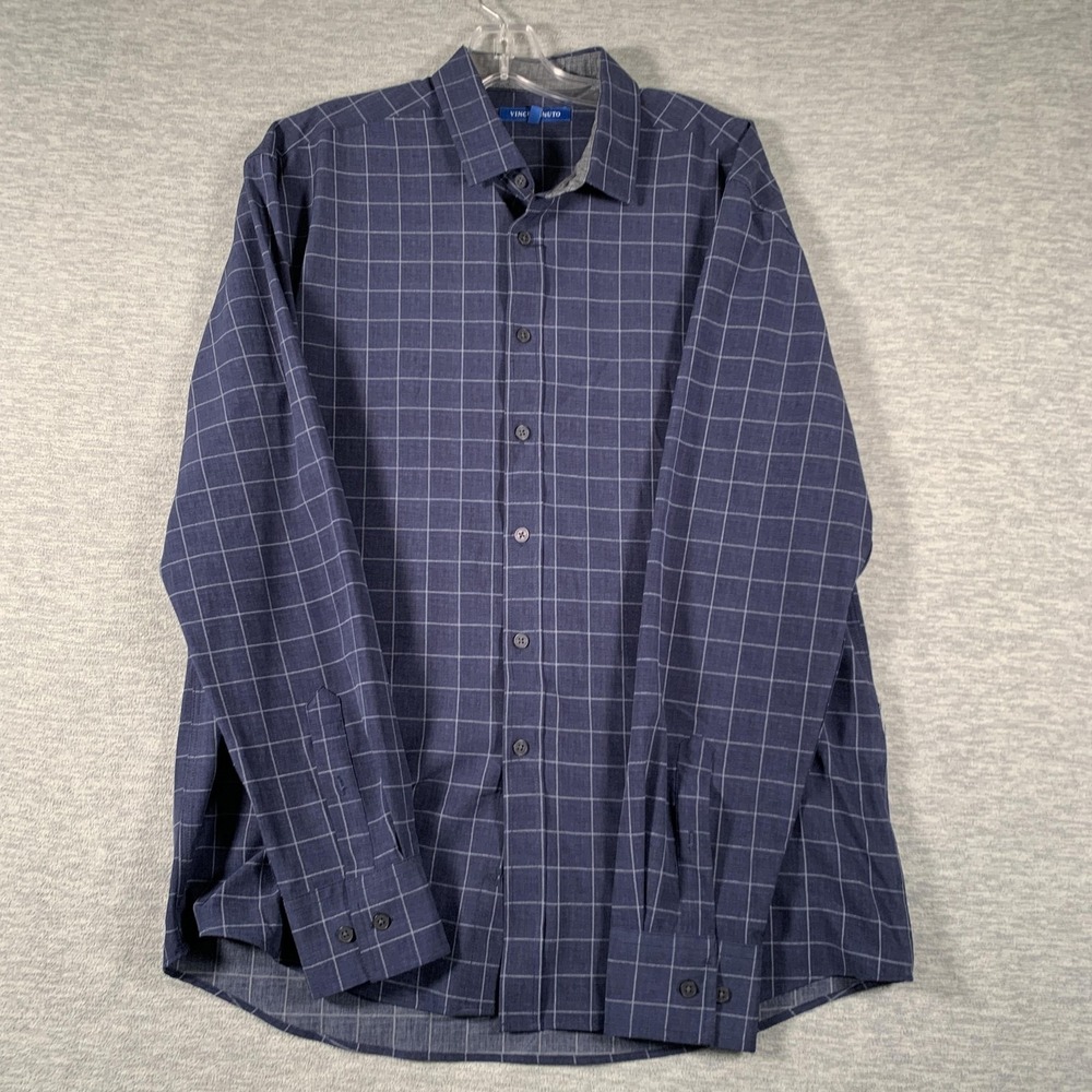 Vince Camuto Dress Shirt Mens Large Blue Check Stretch Button Front Long Sleeve
